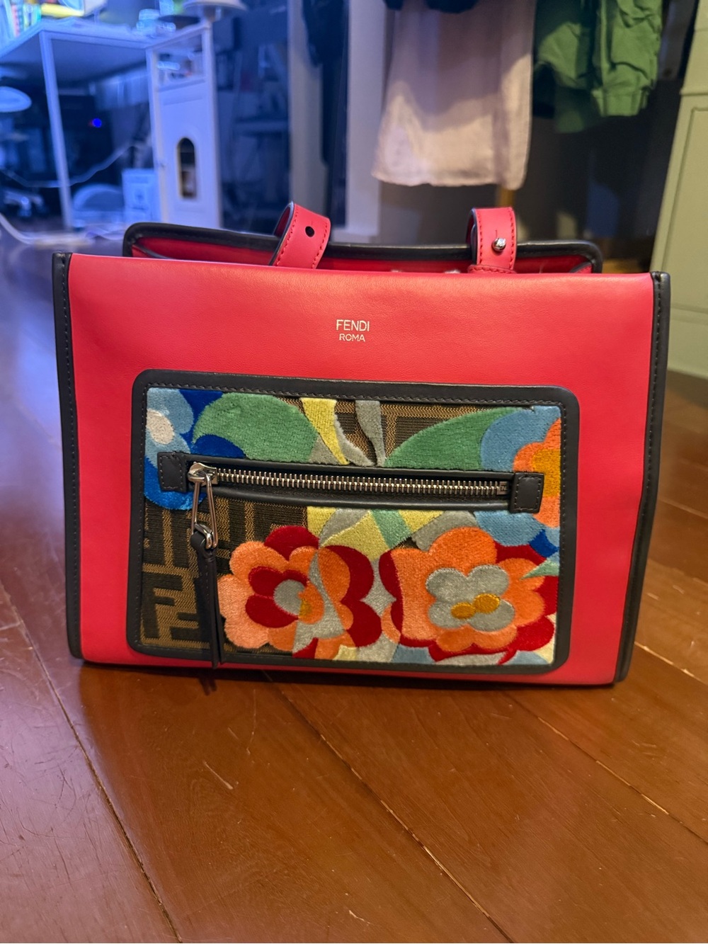 Fendi Floral Patch Embroidered Runaway Red Pink Leather Bag